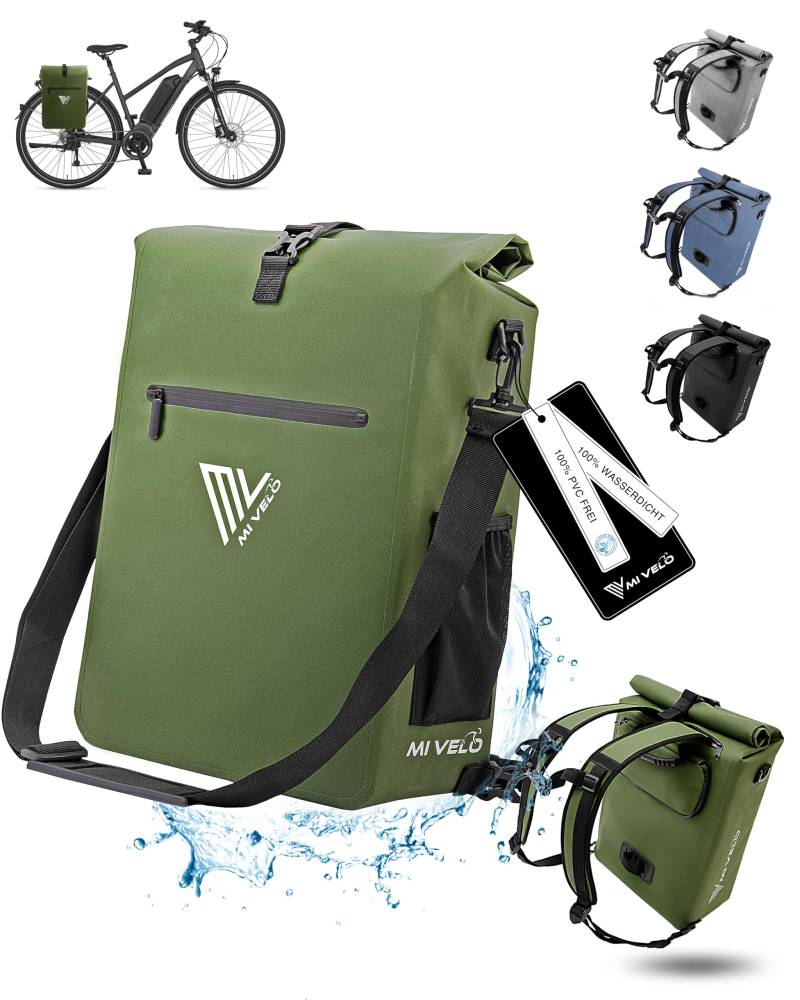 MIVELO Fahrradtasche für Gepäckträger - 3in1 Gepäckträgertasche Rucksack Umhängetasche - 100% wasserdicht und PVC-frei - mit herausnehmbarer Laptoptasche (olivgrün) von MIVELO