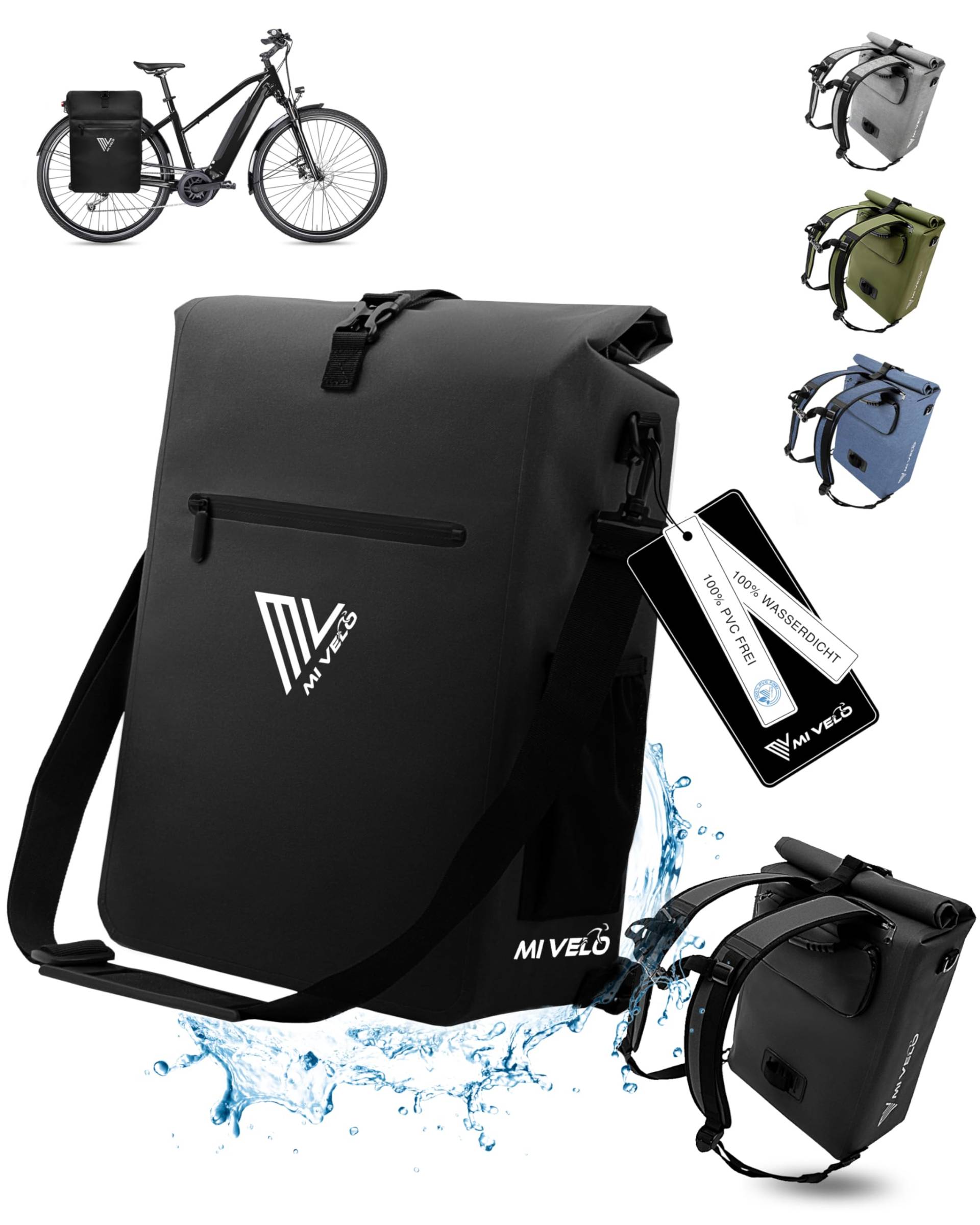 MIVELO Fahrradtasche für Gepäckträger - 3in1 Gepäckträgertasche Rucksack Umhängetasche - 100% wasserdicht und PVC-frei - mit herausnehmbarer Laptoptasche (Schwarz) von MIVELO