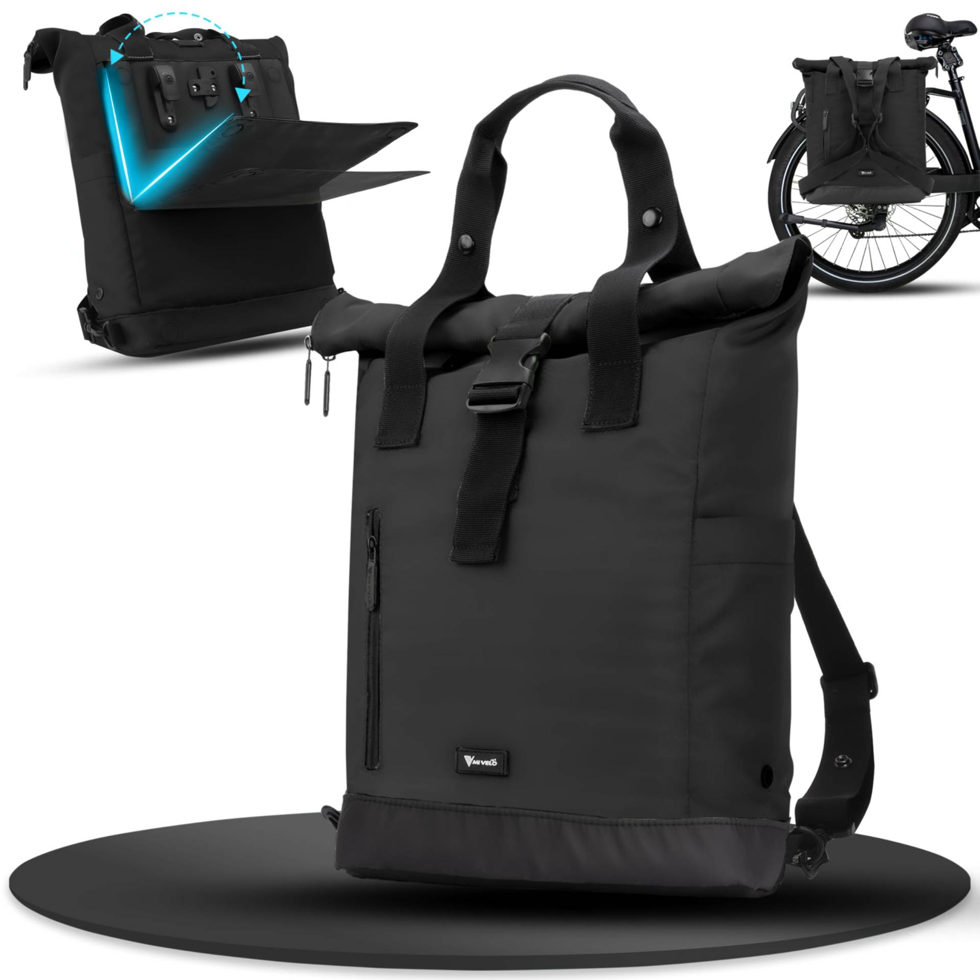 MIVELO Fahrradtasche für Gepäckträger - Fahrradrucksack Damen aus wasserabweisendem Material - Gepäckträgertasche hinten - Fahrrad Tasche & Rucksack mit klappbarem Rückenteil (Schwarz) von MIVELO