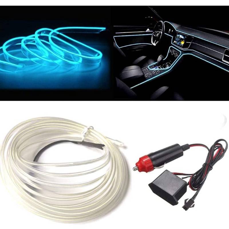 MIYUED Auto Streifenlichter Multicolor RGB Autoinnenraum El Wire Fiber Optic Umgebungsbeleuchtungs Kits mit Zigarettenanzünder Treiber (Ice Blue, 5m/16.4ft) von MIYUED