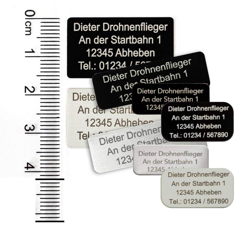 MJ Drohnen-Kennzeichen, Namensschild oder mit ab 2021 geforderte e-ID, bis zu 4 Zeilen,20x11mm, Alu eloxiert Silber, selbstklebend von MJ Onlinehandel