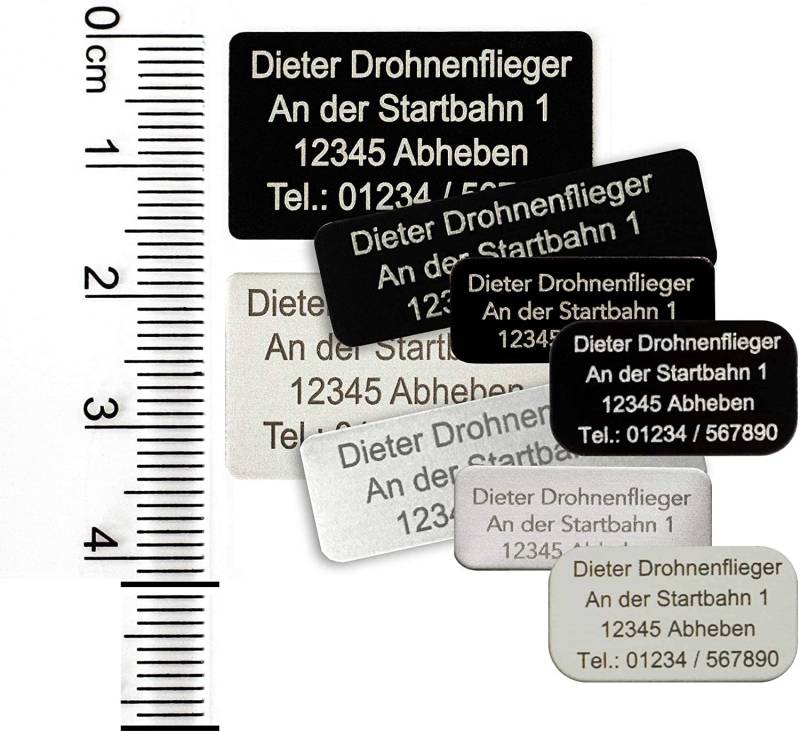 MJ Drohnen-Kennzeichen Sets, 3er-Set, 5er-Set oder 10er Set, mit Kontaktdaten und/oder seit 2021 geforderte e-ID, Alu eloxierte Plakette - selbstklebend (5er Set, Aluminium Schwarz 30x10mm mit eID) von MJ Onlinehandel