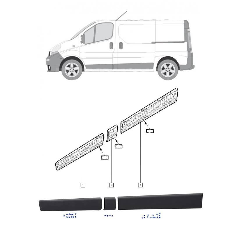 MKAREPART Seitentür Komplettes Zierleisten-Set Links für SWB Kompatibel mit Vivaro Trafic MK2 Primaster 2001-2014 (Linker Satz SWB) von MKAREPART