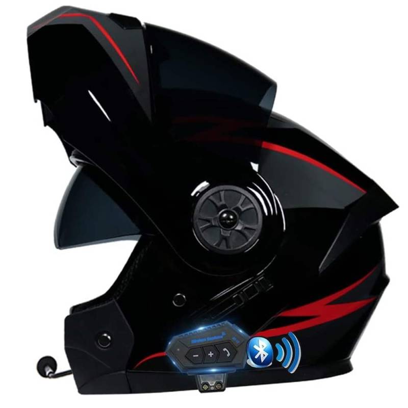 Bluetooth Motorrad Integrierter Helm Mit Doppelvisier, Motorradhelm Mit Herausnehmbares Komfortpolster, Für Herren Und Damen ECE Genehmigt Automatische Reaktion 55-62cm von MKDSUH