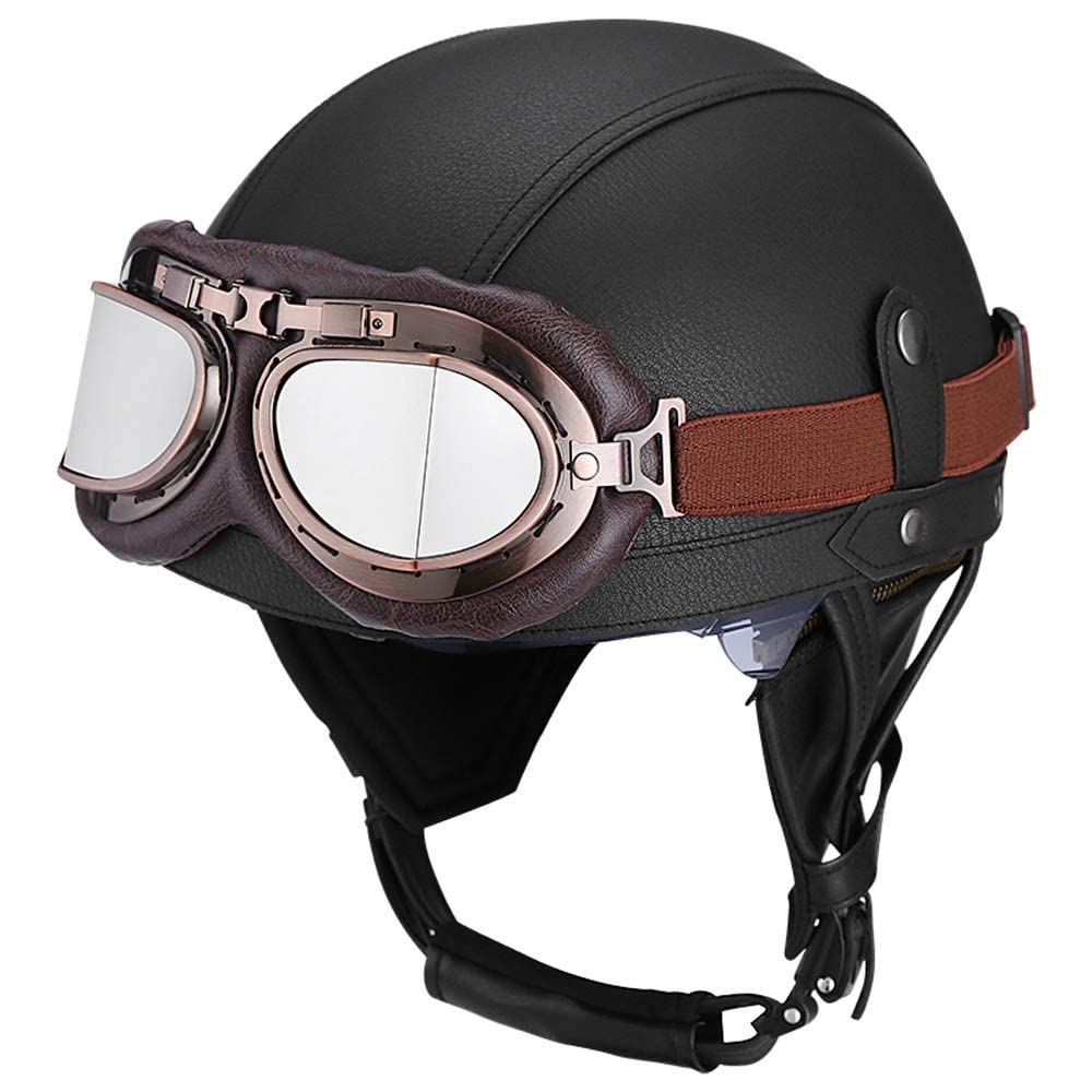 Retro Motorradhelm Leder-Halbhelme, Jethelme Deutschen Stil Mit Brille Open Face Roller Cruiser Chopper Anti-Collision Helm Erwachsene Männer und Frauen von MKDSUH