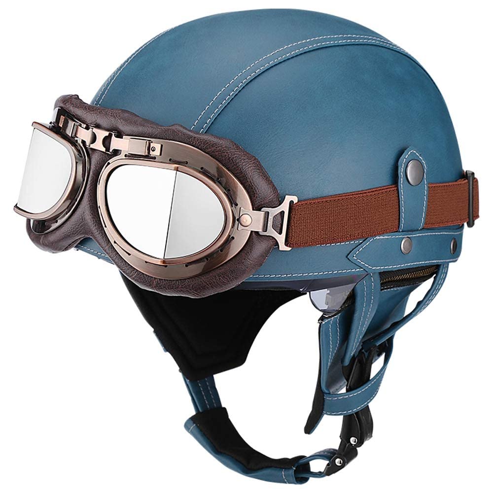 Retro Motorradhelm Leder-Halbhelme, Jethelme Deutschen Stil Mit Brille Open Face Roller Cruiser Chopper Anti-Collision Helm Erwachsene Männer und Frauen von MKDSUH