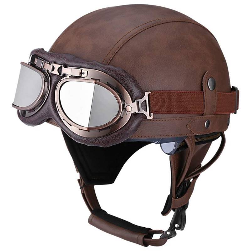 Motorrad Vintage Helm Aus Deutschem Leder Mit Offenem Gesicht Mit Schutzbrille Verstecktem Visier Chopper-Pilot Moped Fahrrad Cruiser Scooter DOT/ECE-geprüft von MKDSUH