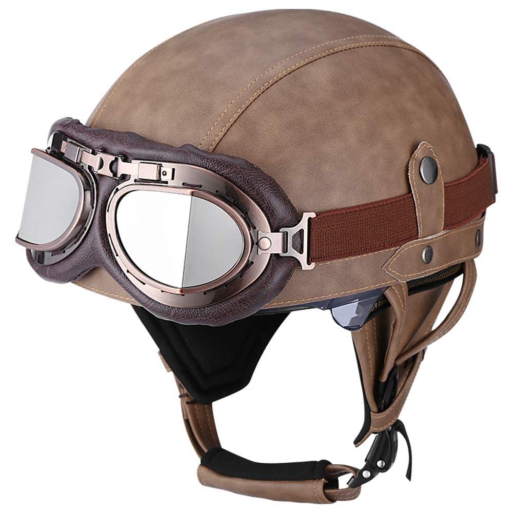 Motorrad Vintage Helm Aus Deutschem Leder Mit Offenem Gesicht Mit Schutzbrille Verstecktem Visier Chopper-Pilot Moped Fahrrad Cruiser Scooter DOT/ECE-geprüft von MKDSUH