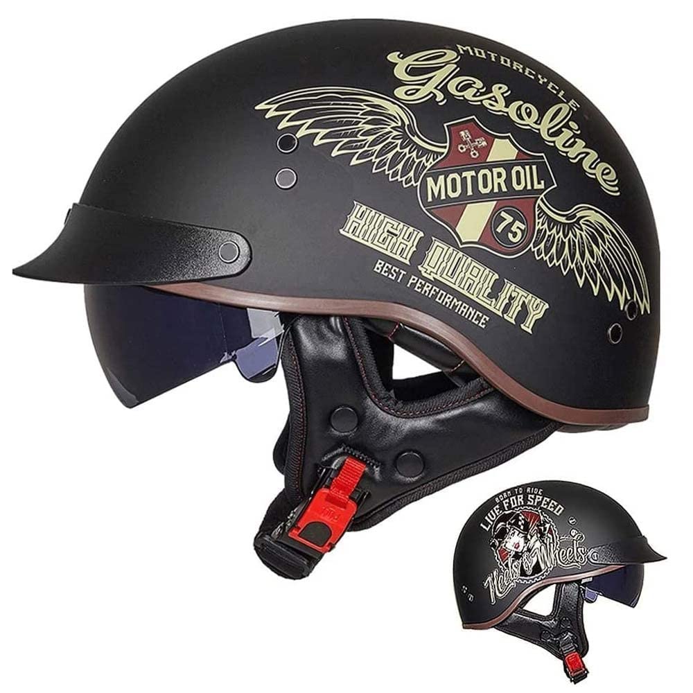 Motorradhelm Halbschalenhelm Mit ECE, Jethelm Retro Motorrad Helm, Scooter-Helm, Offenem Helm, Mit Sonnenblende Und Herausnehmbares Atmungsaktives Futter von MKDSUH