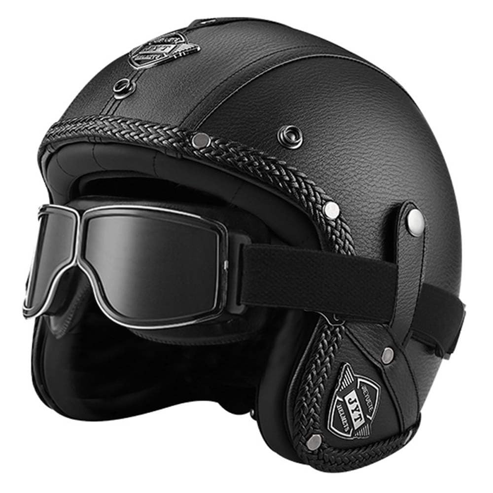 Vintage Jet-Helm 3/4-Helm, Leder Halbhelm Open Face Motorradhelm Mit Schutzbrille ECE-Zulassung Retro Rollerhelm Scooter Mofa Helm Für Erwachsene Männer Und Frauen von MKDSUH