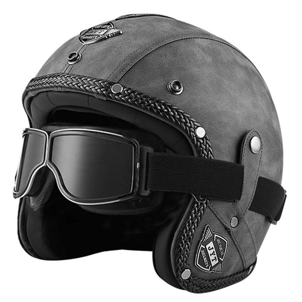 Vintage Jet-Helm 3/4-Helm, Leder Halbhelm Open Face Motorradhelm Mit Schutzbrille ECE-Zulassung Retro Rollerhelm Scooter Mofa Helm Für Erwachsene Männer Und Frauen von MKDSUH