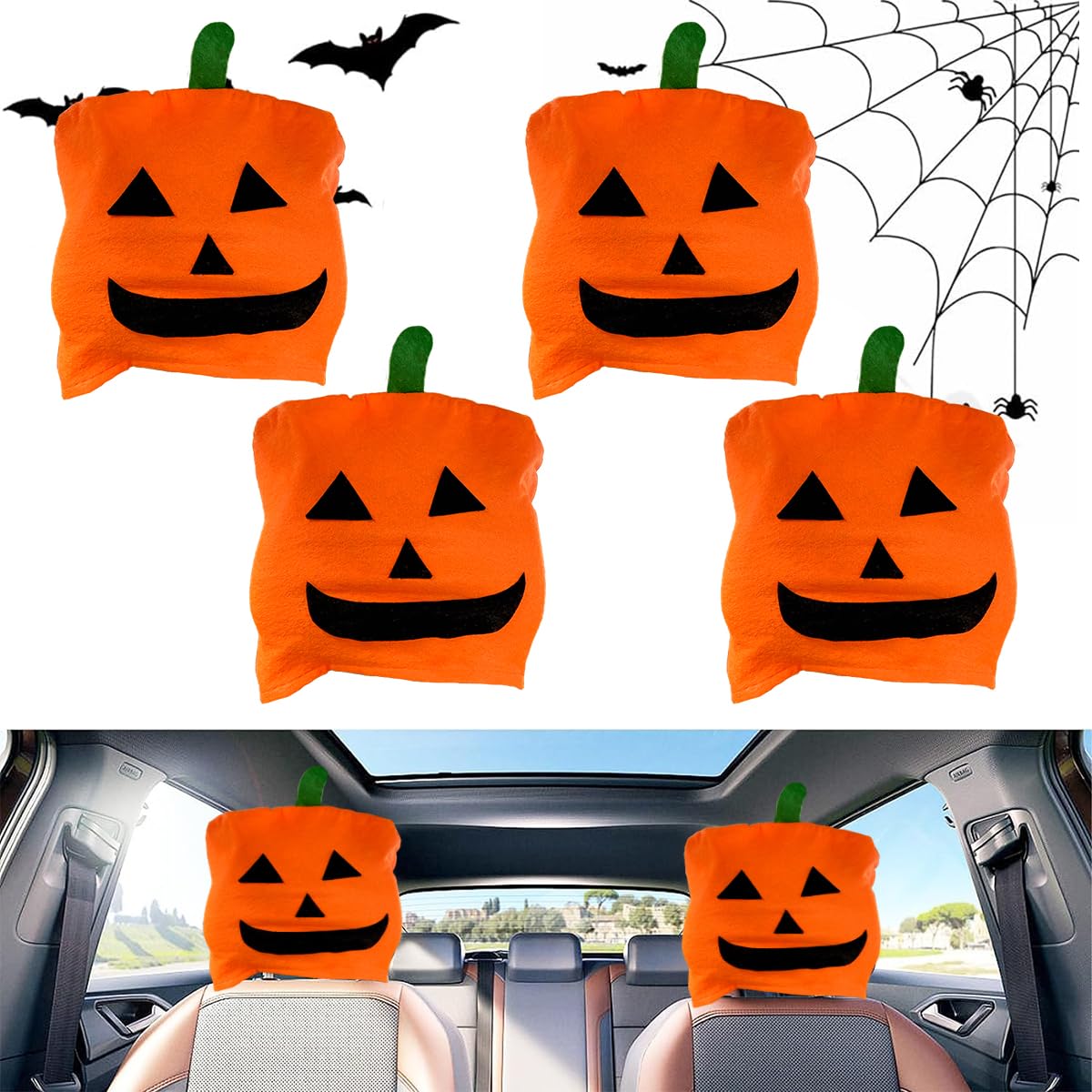 MKKZLPN Autositz Kürbis Kopf Abdeckung 2 Stück Set, Auto Kopfstütze Abdeckung Set, Universal Auto Kopfstütze Abdeckung, Autositz Kopf Abdeckung Kreative personalisierte lustige Hut für Halloween von MKKZLPN