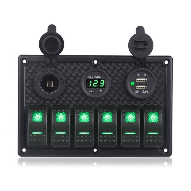 MKTKFVVEX Boot Switch Panel Auto Switch Panel wasserdichte Digitalvoltmeter Doppel USB Port 12V Outlet Kombination Meer LED Rocker 6 Gang Schalter und Relais(Green) von MKTKFVVEX