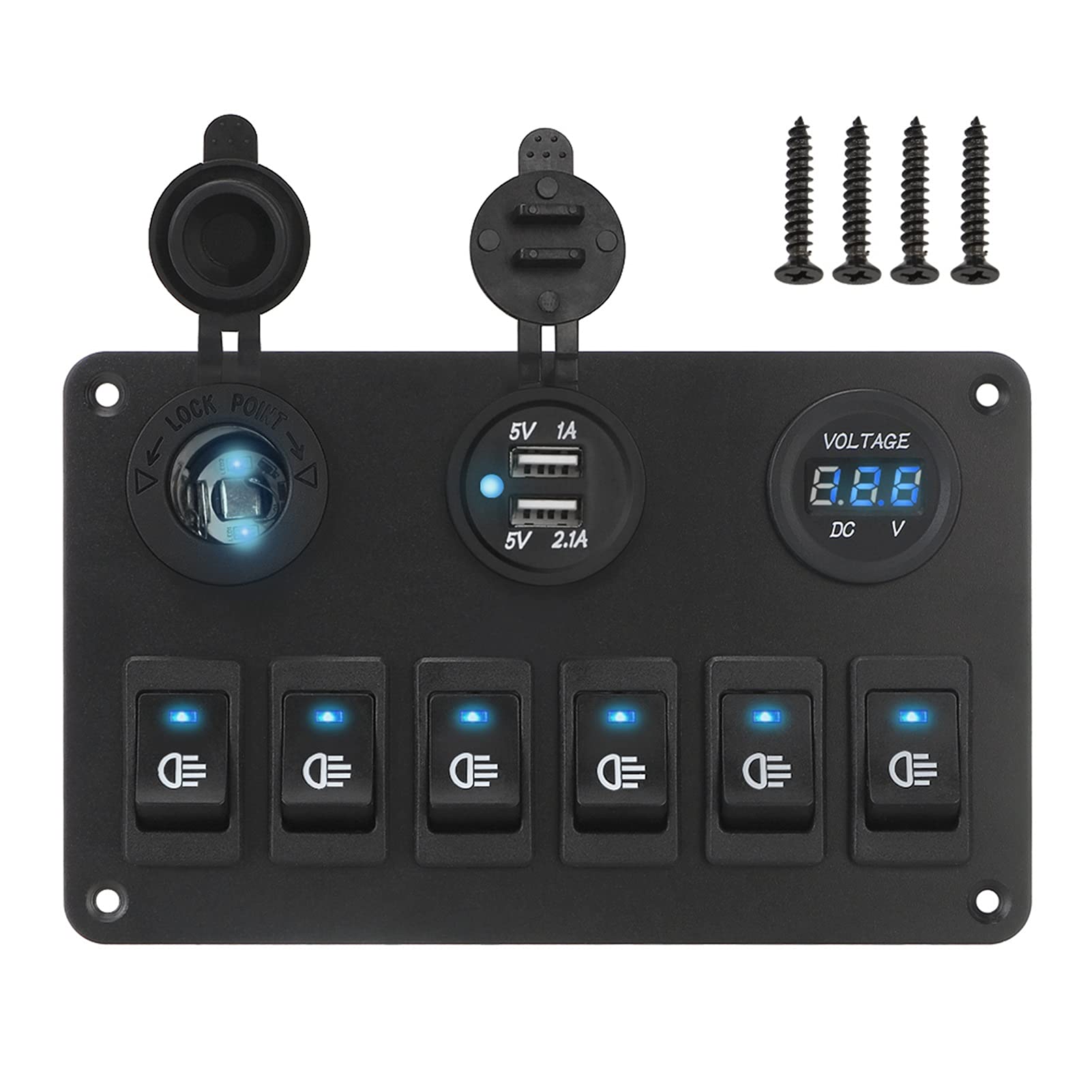 MKTKFVVEX DC 12V / 24V 6/2 Gang Rocker Switch Panel wasserdicht dual USB Häfen LED Digital-Voltmeter-Leistungsschalter AN AUS Leuchtet auto marine Schalter und Relais(Blue) von MKTKFVVEX