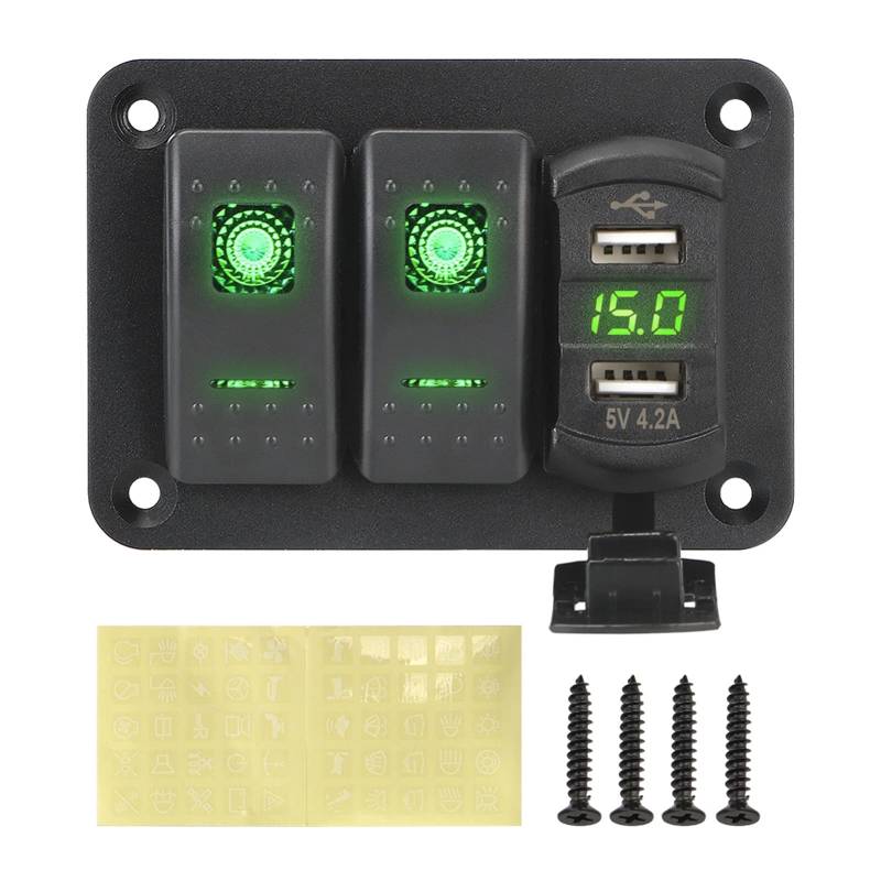 MKTKFVVEX DC 12V / 24V 6/2 Gang Rocker Switch Panel wasserdicht dual USB Häfen LED Digital-Voltmeter-Leistungsschalter AN AUS Leuchtet auto marine Schalter und Relais(schwarz) von MKTKFVVEX