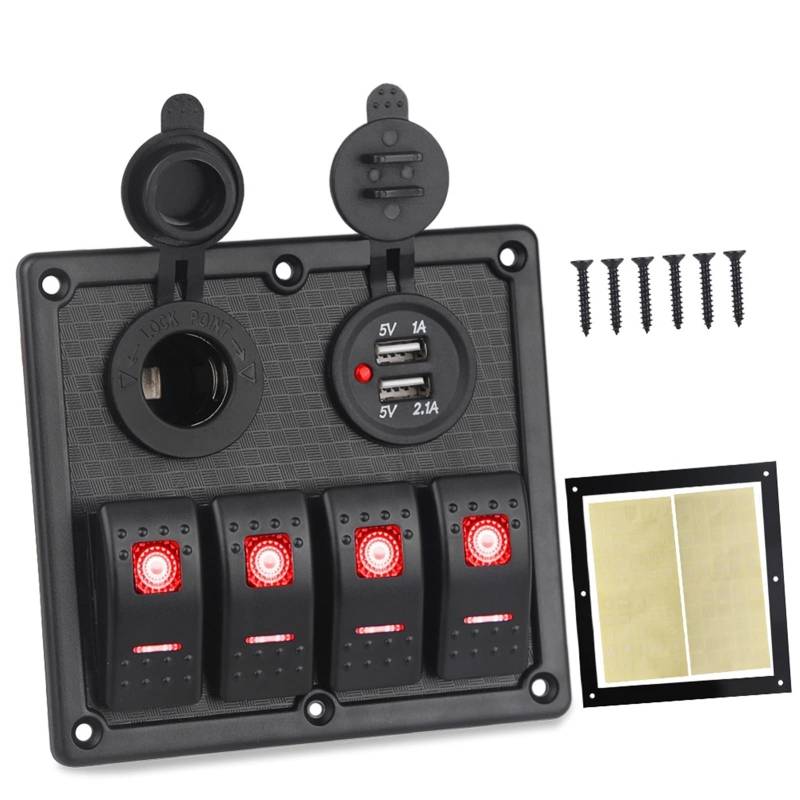 MKVAXR 12 V 24 V 4-Gang EIN/Aus-Kippschalter Auto-Bedienfeld mit Dual-USB-Ladegerät, for Auto-Marineboot-Schalter 5-polig 12 V 20 A 24 V 10 A(Red) von MKVAXR