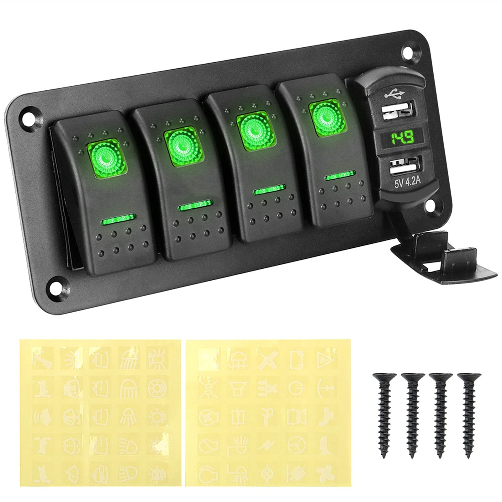 MKVAXR 12 V 24 V Dual USB Port 4 Gang Kippschalter, for Auto Marine Schiff Licht Schalter Panel Aufkleber Digital Voltmeter(Green) von MKVAXR