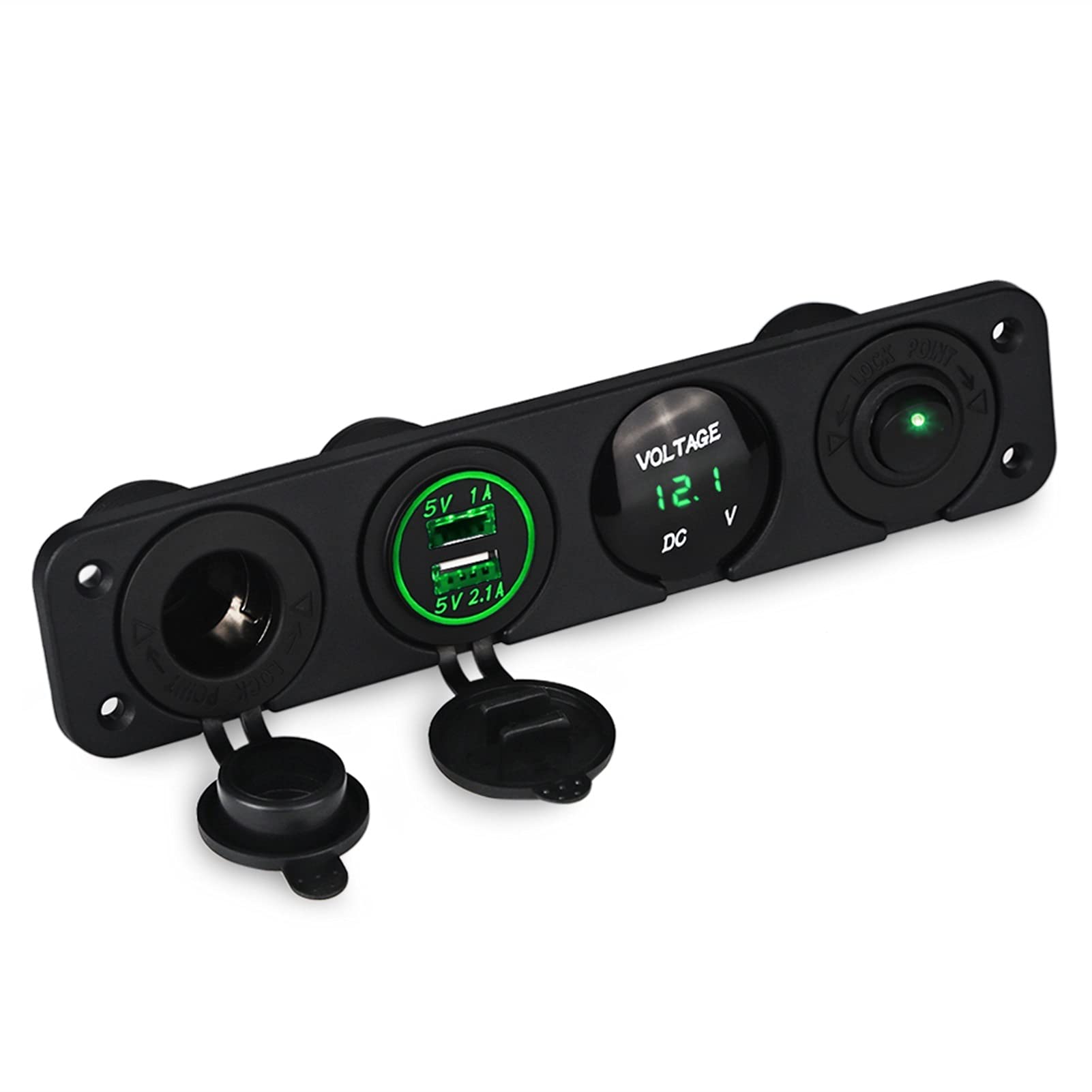 MKVAXR 4-Loch-Panel-Basis, Dual-USB-Voltmeter, Steckdose, Zigarettenanzünder-Schalter, for Auto-LKW-Boot-Zubehör-Schalterpanel(Green) von MKVAXR