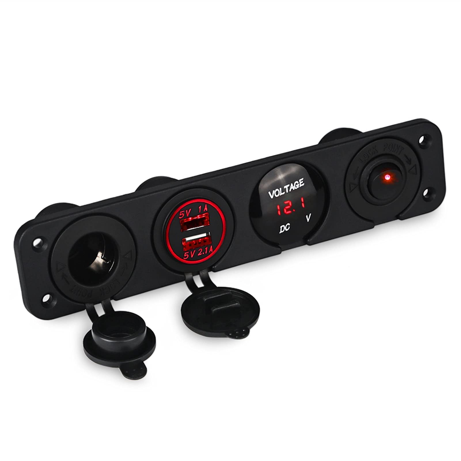 MKVAXR 4-Loch-Panel-Basis, Dual-USB-Voltmeter, Steckdose, Zigarettenanzünder-Schalter, for Auto-LKW-Boot-Zubehör-Schalterpanel(Red) von MKVAXR