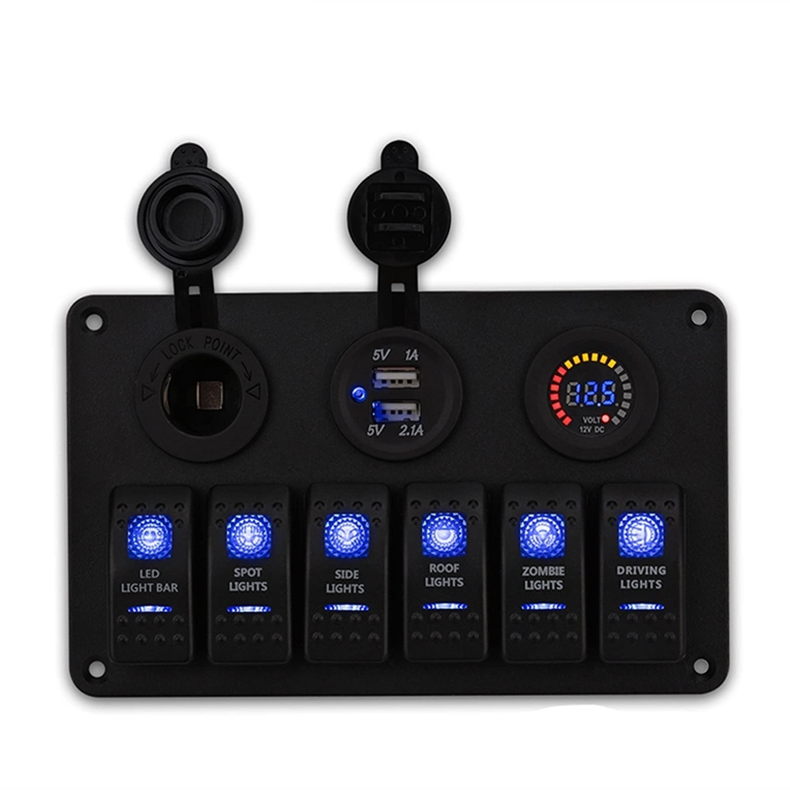 MKVAXR 6-Gang-Wippschalterfeld, Leistungsschalter, Ladegerät, 2 USB-Buchsen, Zigarettenanzünder-Stecker, Voltmeter, for Autoschalter 12 V von MKVAXR