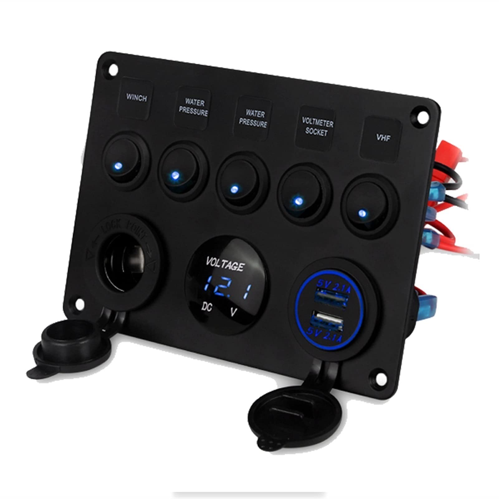 MKVAXR for 12V Auto Marine Schalter Panel Boot 5 Gang Auf-Off Kippschalter Panel USB Buchse Ladegerät Voltmeter 12v Steckdose RV LKW(Blue) von MKVAXR