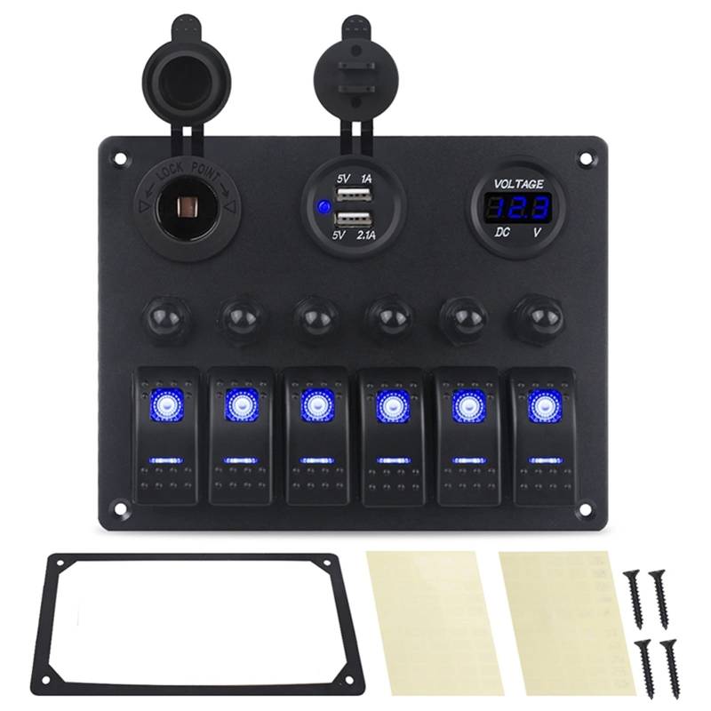 MKVAXR for 6 Gang Auto Control Panel Schalter Boot Marine Mit Leistungsschalter + LICHT Voltmeter Auto Schalter + Dual USB Ladegerät von MKVAXR