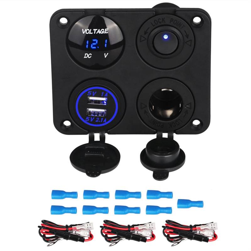 MKVAXR for Auto Feuerzeug Buchse Splitter Marine Auto RV LKW 4 Loch Panel Dual USB Ladegerät Voltmeter 12V Buchse Schalter Panel(Blue) von MKVAXR