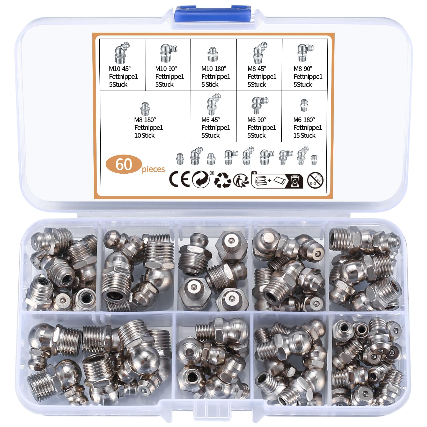 MMDBD 60 STK Schmiernippel Sortiment Kit, Kegelschmiernippel, Hydraulik Fettnippel, Abschmiernippel, Kegelnippel für Schmierpressen, Gerade 90°, Abgewinkelt 45°M6 M8 M10 von MMDBD