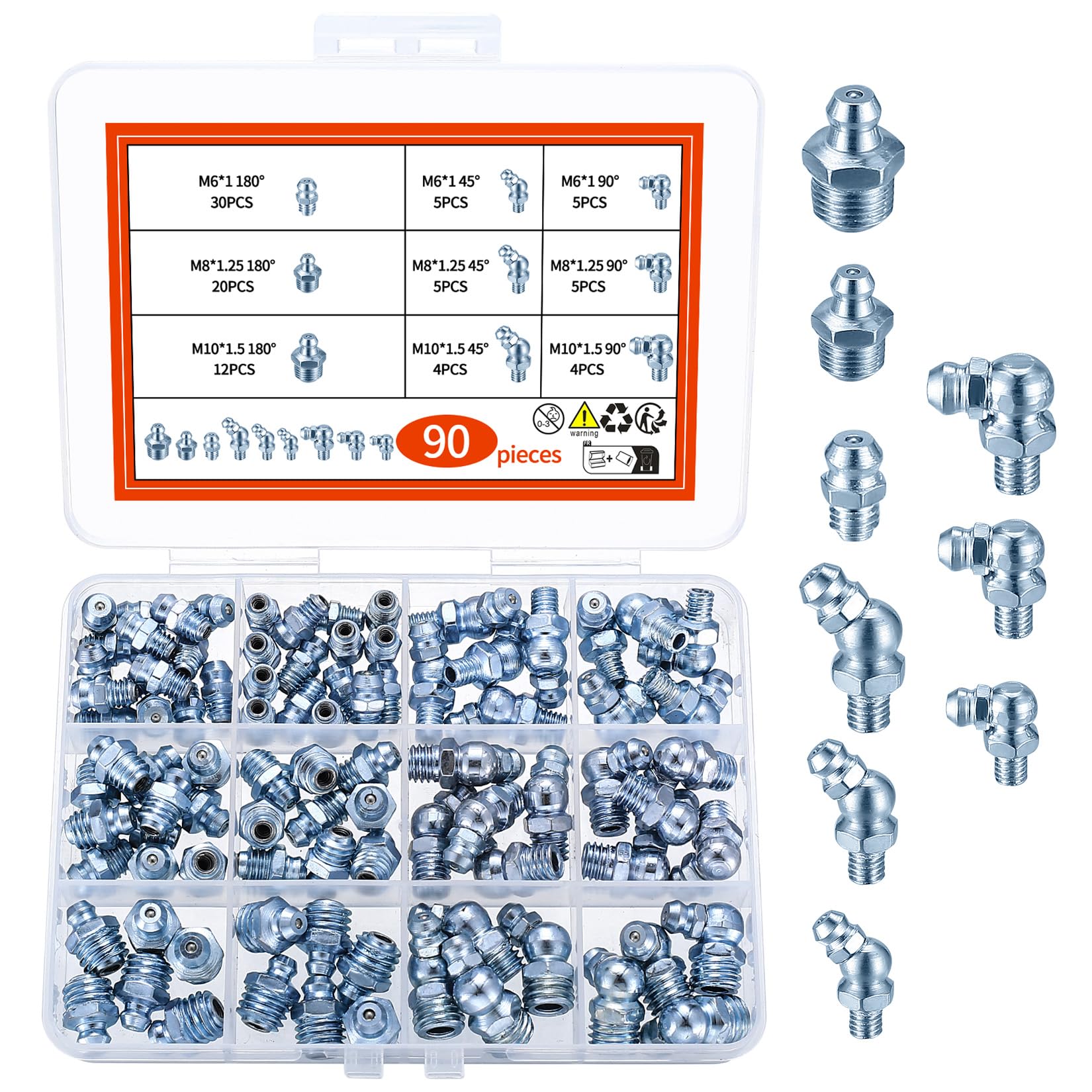 90 STK Schmiernippel Sortiment, Schmiernippel Set M6 M8 M10 für Fettpresse, Kegelschmiernippel für Schmierpressen, Gerade und Abgewinkelt 45 ° 90 ° 180 ° Gerader Hydraulik Fettnippel Kegelnippel von MMDBD