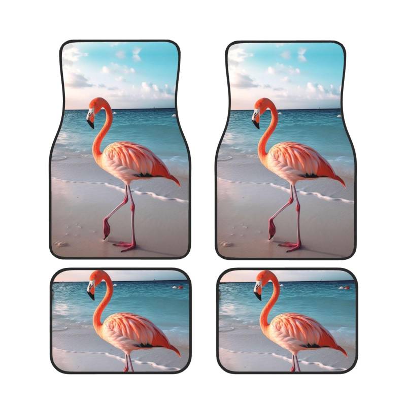 Flamingo On The Beach Auto Fußmatten Set von 4 Stück, Bedruckte rutschfeste Autofußmatten Set, geeignet für die meisten Autos SUV LKW Vans von MMSJSBVY