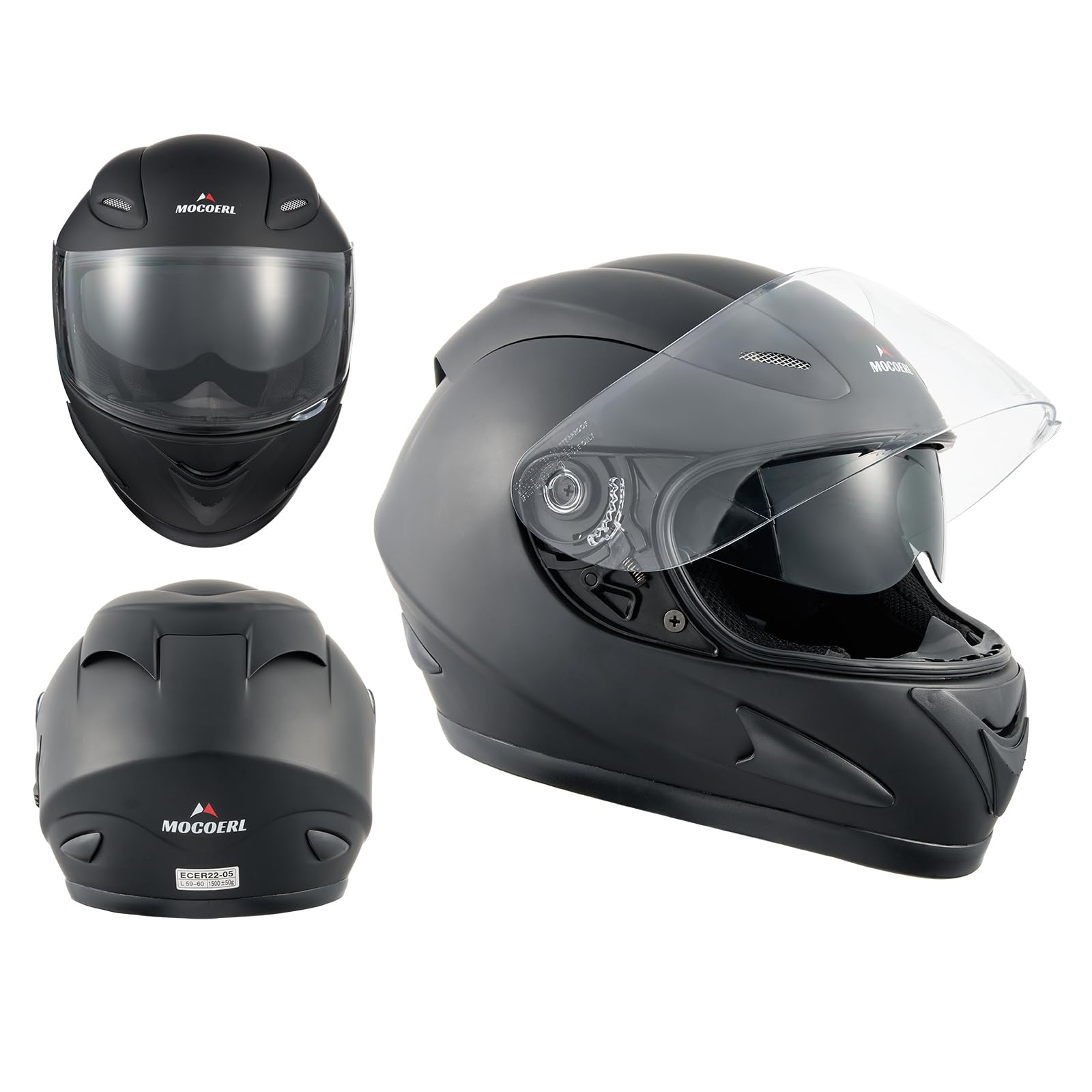 MOCOERL Integralhelm, Motorradhelm ECE Zertifiziert - Maximale Verkehrssicherheit, Robuster & Leiser Motorrad Helm, Kinn & Kopf Belüftung, Ratschenverschluss, Klares Visier (Schwarz, S) von MOCOERL