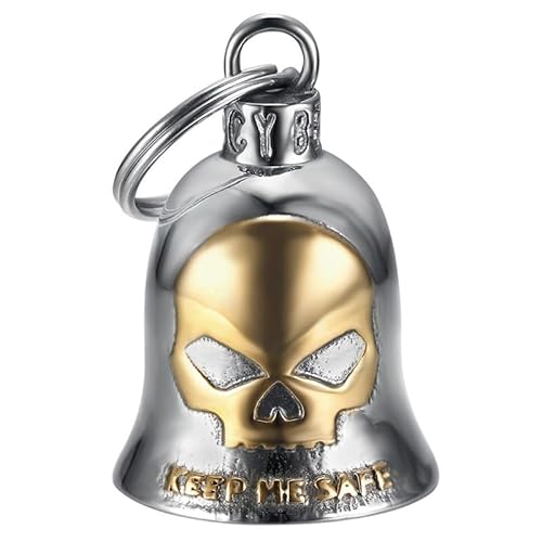 MOCY BELL Glöckchen Moto Guardian Bell Skull Keep Me Safe aus Edelstahl – Glücksbringer für Motorradfahrer mit Tasche und Echtheitskarte von MOCY BELL