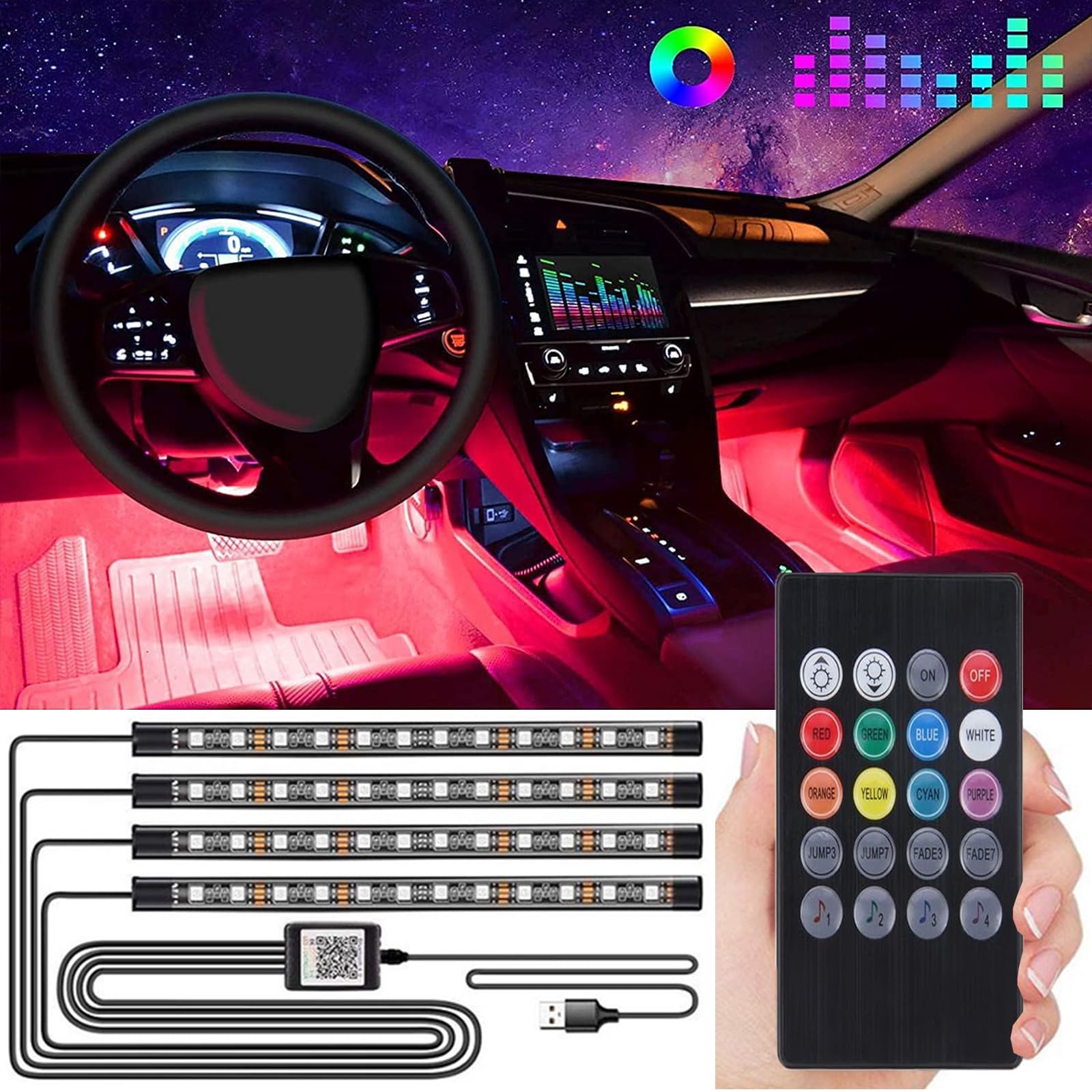 MODOAO LED Innenbeleuchtung Auto, 4-in-1 48 LED RGB Fernbedienung Auto LED Streifen Licht mit USB, Auto Innenbeleuchtung LED Atmosphäre Licht, 8 Farben Beleuchtung Dekoration von MODOAO