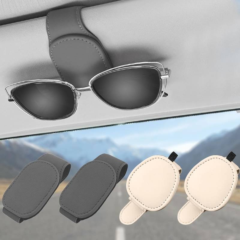 MOERAE 4 Stück Brillenhalter für Auto, Magnetische Lederhalter für Sonnenbrillen, Universal Auto Visier Brillenhalter, Sonnenbrillen Halterung Ticket Clip (Beige+Grau) von MOERAE