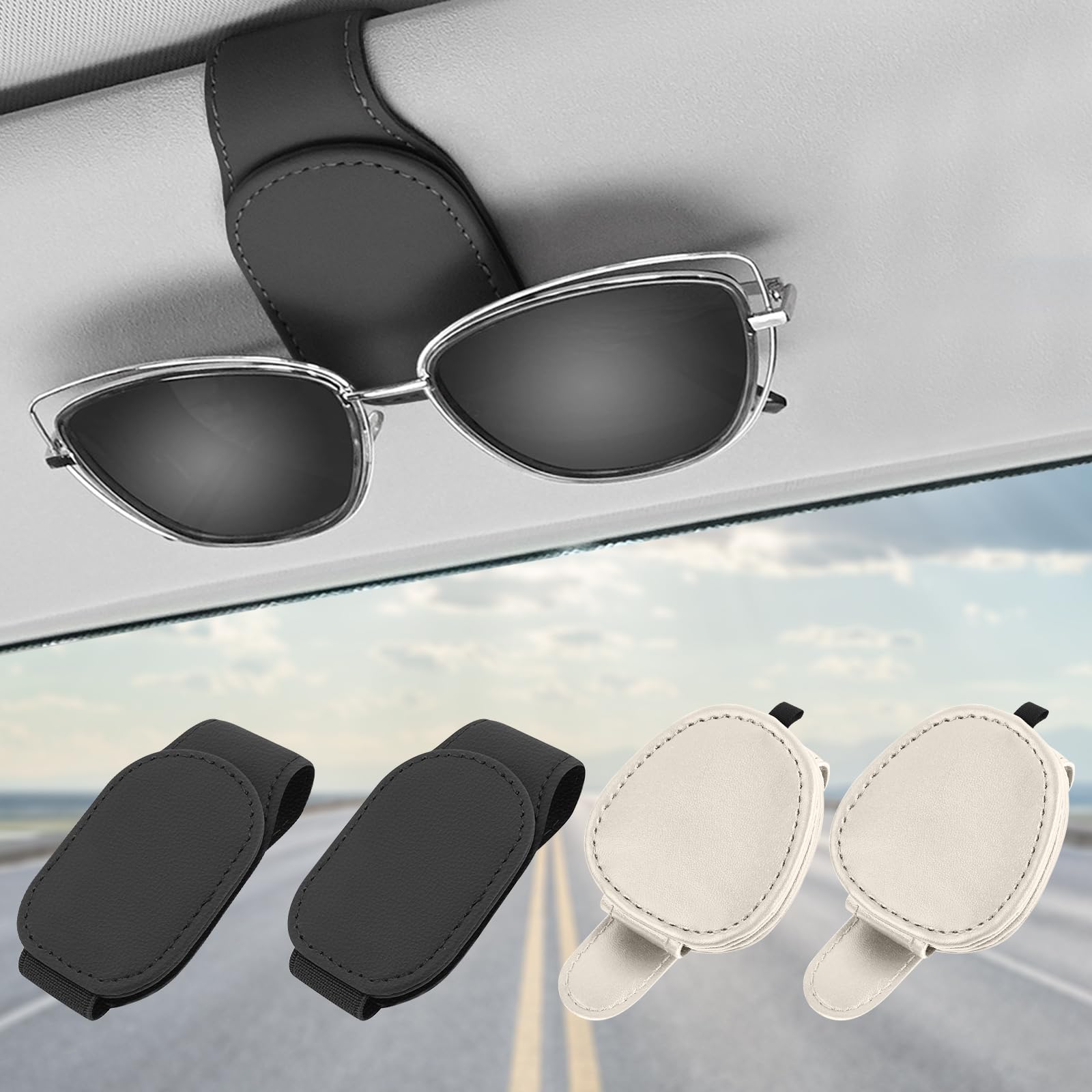 MOERAE 4 Stück Brillenhalter für Auto, Magnetische Lederhalter für Sonnenbrillen, Universal Auto Visier Brillenhalter, Sonnenbrillen Halterung Ticket Clip (Schwarz+Beige) von MOERAE