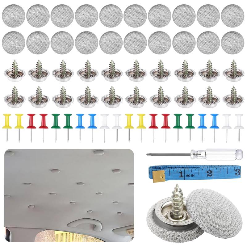 65 Stück Dachhimmel Reparatur Set, Auto Dachhimmel Reparatur Knopf, Auto Dach Nieten, Himmel Reparatur, Universal für alle FahrzeugeGraues mit Stecknadeln Schraubendreher Maßband (Grau) von MOERDIFFER