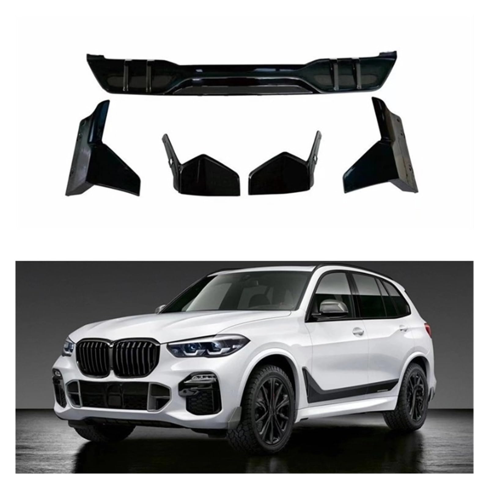 Geeignet for X5, glänzend schwarz, vorderer und hinterer Lippendiffusor, Splitter, Spoiler, geeignet for BMW X5 G05 M-Tech M Sport 2019–2022, Schwarz(Carbon Fiber Look) von MOMOBP