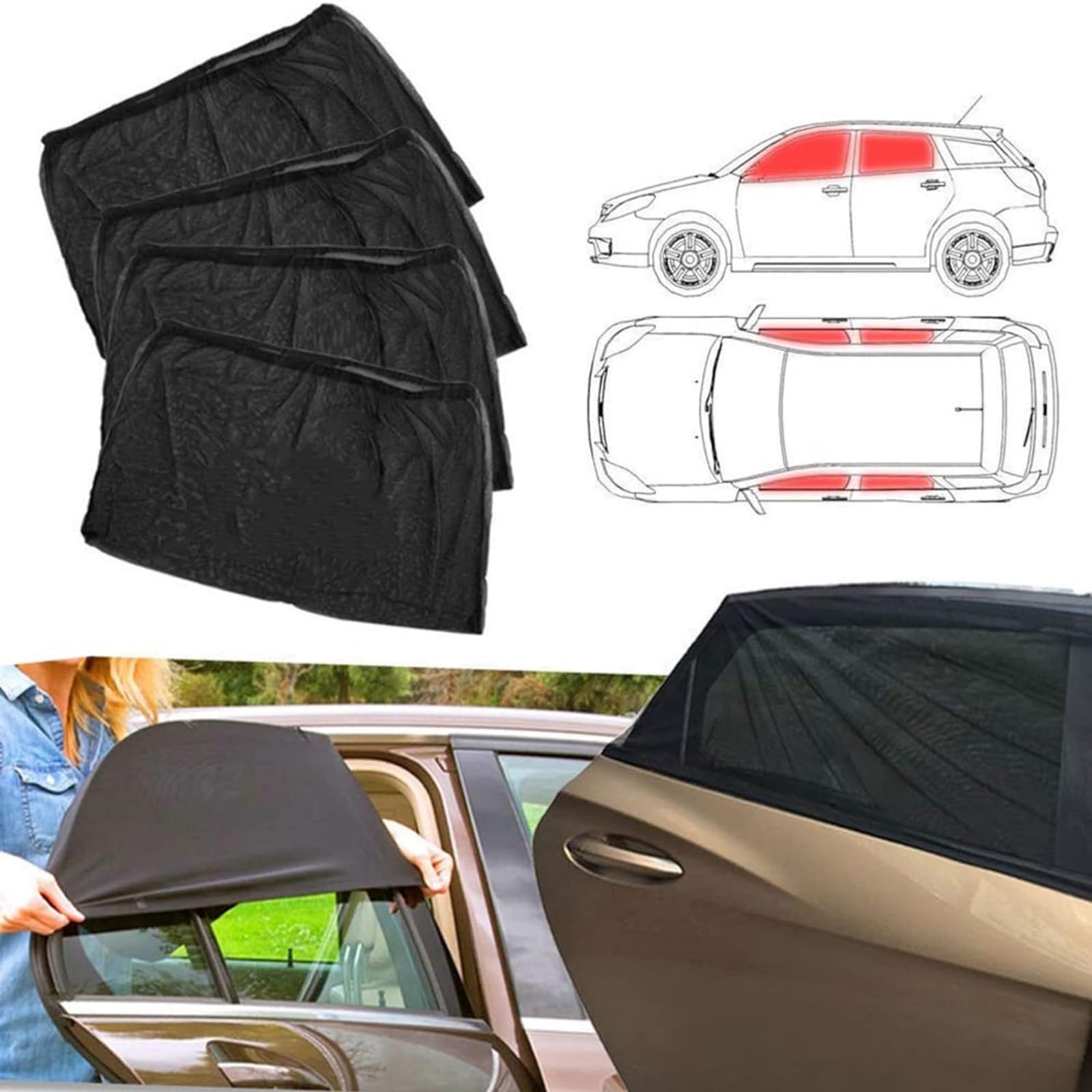 MOMOTOU Auto Seitenscheibe Sonnenschirm Front Heckscheibe Sonne Schatten Abdeckung Visier Sonne Hitze Schutz Slip-On elastische Mesh Cover Vorhang für Auto LKW SUV (2*Vorderteil+2*Heck) von MOMOTOU