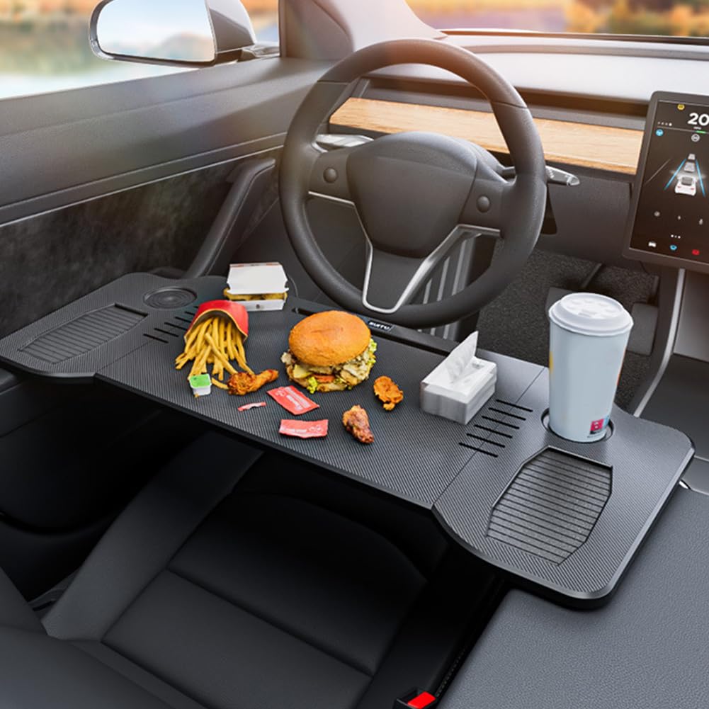 MOMOTOU Auto Tisch Klappbar für Tesla Model 3 Model Y Kohlefaser Textur Laptop Schreibtisch Lenkrad Tablett Essen Tisch für Reise Remote Arbeit Camping von MOMOTOU