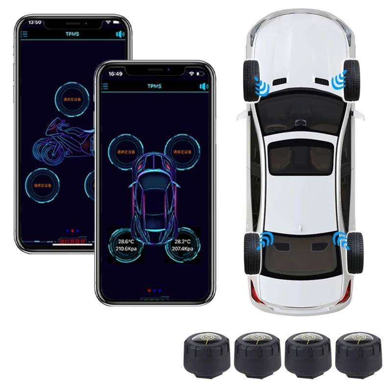 MOMOTOU Reifendrucksensoren 5.1 Bluetooth-kompatibel TPMS 5 Alarm Modi Reifendrucküberwachungssystem Externer Sensor für Android/iOS Auto Motorrad (4 Stück) von MOMOTOU