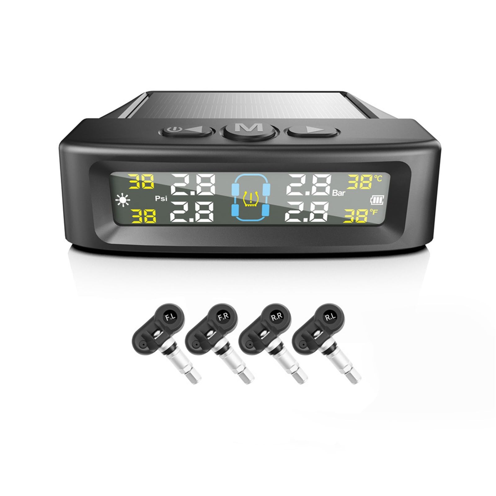 MOMOTOU Reifendrucküberwachungssystem, T12 TPMS Wireless Solar Monitor mit 4/6 Reifensensoren 4 Alarm Modi LCD Display Auto Sleep Mode für Auto RV Trailer Truck (4 Sensoren, Eingebaute Didi-Version) von MOMOTOU