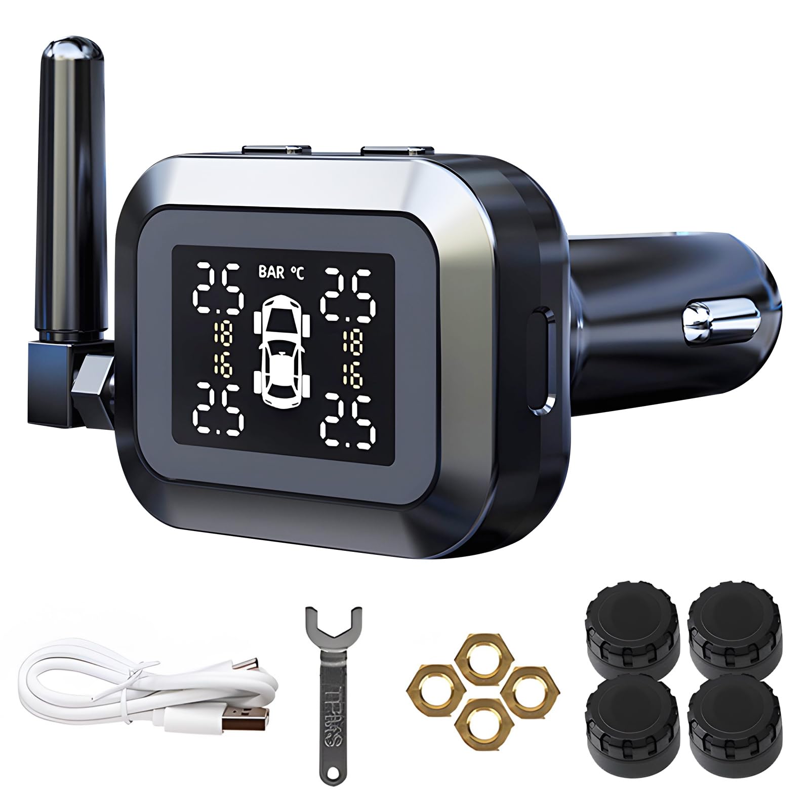 MOMOTOU TPMS Reifendruckkontrollsystem 0-87 psi mit 4 externen Sensoren Zigarettenanzünderbuchse und USB-ladeanschluss 6 Alarme IPX7 wasserdicht Kabellos Reifendruckkontrollsystem für Auto,SUVs, MPVs von MOMOTOU