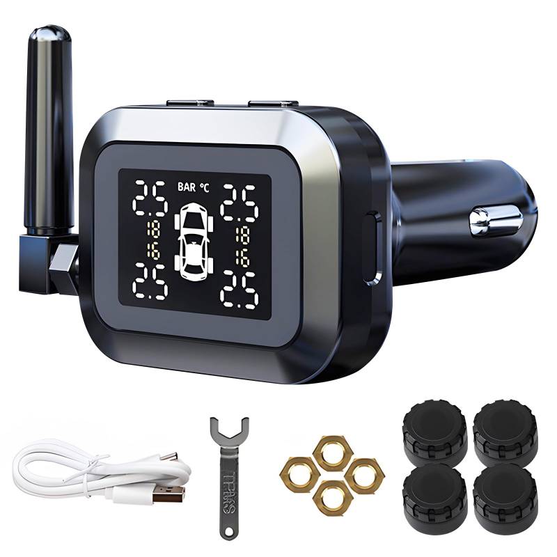 MOMOTOU TPMS Reifendruckkontrollsystem 0-87 psi mit 4 externen Sensoren Zigarettenanzünderbuchse und USB-ladeanschluss 6 Alarme IPX7 wasserdicht Kabellos Reifendruckkontrollsystem für Auto,SUVs, MPVs von MOMOTOU