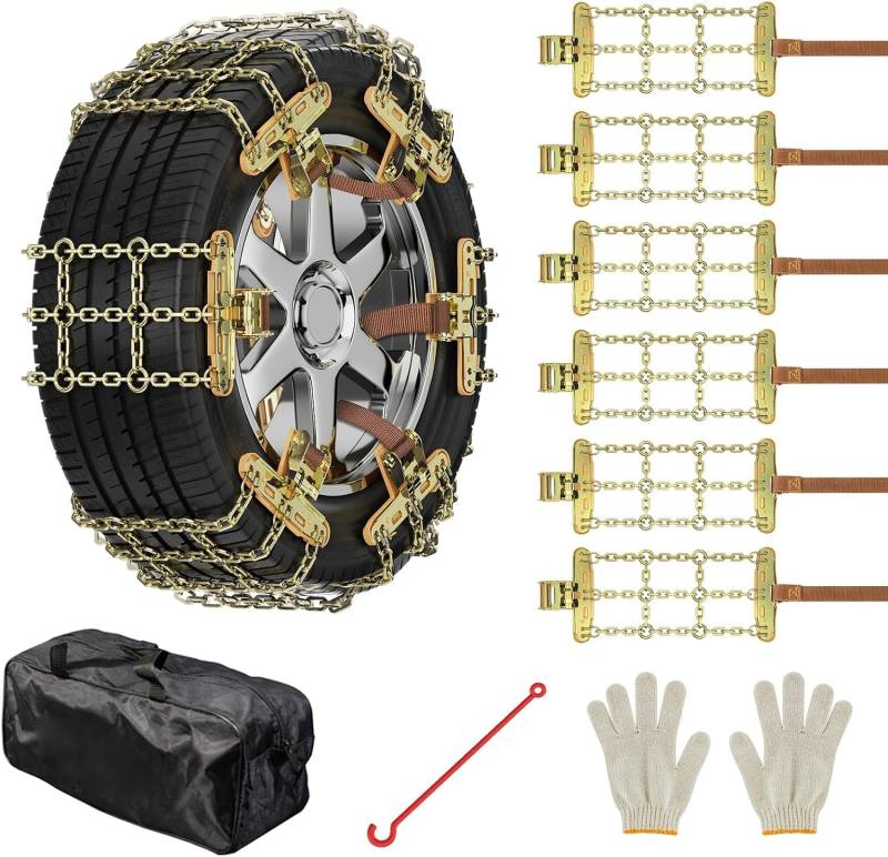 MOONCOOL 6Pcs(1 Satz) Anti-rutsch Stahl Schneeketten für Auto mit 215-285mm Reifenbreite, Grid Design um Verbessern Straßenhaftung, Winter Notfallzugketten mit Handschuhe, Klein Haken + Tragetasche von MOONCOOL