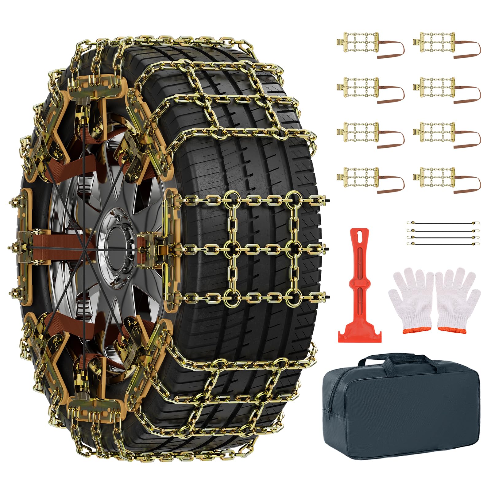 MOONCOOL 8 Stück(1 Satz) Schneeketten Universal PKW, Schneeketten Leichte Montage für 215-285mm Auto Reifenbreite Anfahrhilfe Grid Design mit Handschuhe Haken Tragetasche Querseil für PKW, LKW, SUV von MOONCOOL