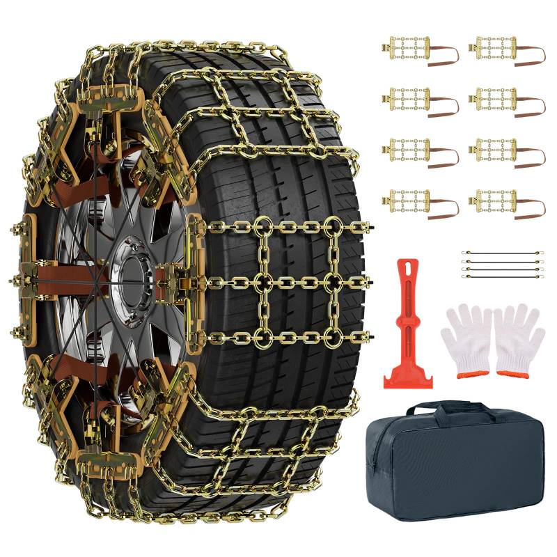 MOONCOOL Schneeketten Universal PKW, Winterketten 8 Stück(1 Satz) Leichte Montage für 215-285mm Auto Reifenbreite Anfahrhilfe Grid Design mit Handschuhe Haken Tragetasche Querseil für PKW, LKW, SUV von MOONCOOL