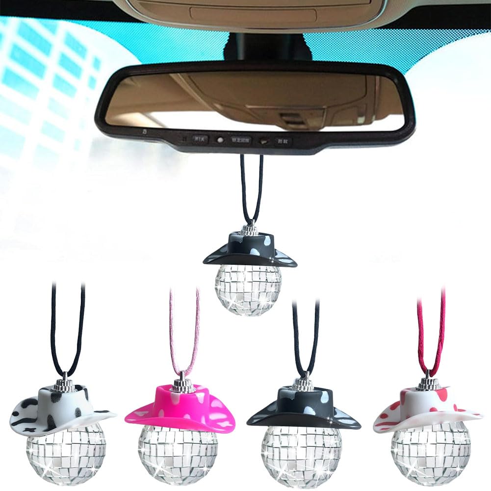 Spiegel Disco Kugel Anhänger 4Pcs Discokugel Cowboy Auto Rückspiegel Dekoration Auto Decoraction Zubehör Glas Spiegel Disco Geeignet für die Innenausstattung von Autos von MOPQMKT