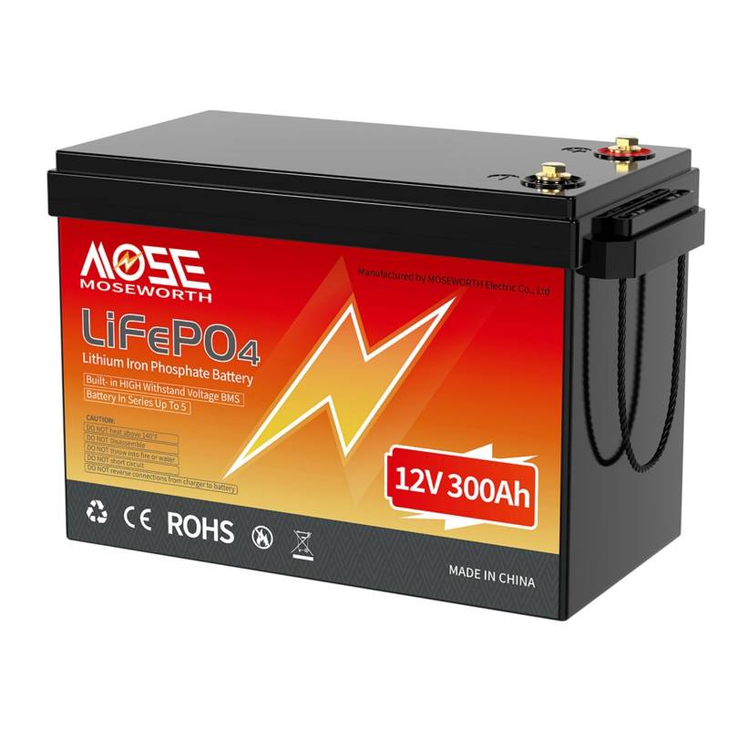 12V 300Ah LiFePO4 Lithium Batterie, 200A BMS, 8000+ Zyklen Deep Cycle Lithium Akku, A-grade Batteriezellen, Perfekter Ersatz für Blei-Säure Batterien für Wohnwagen, Camping, Solar Home Systeme, Boote von MOSEWORTH