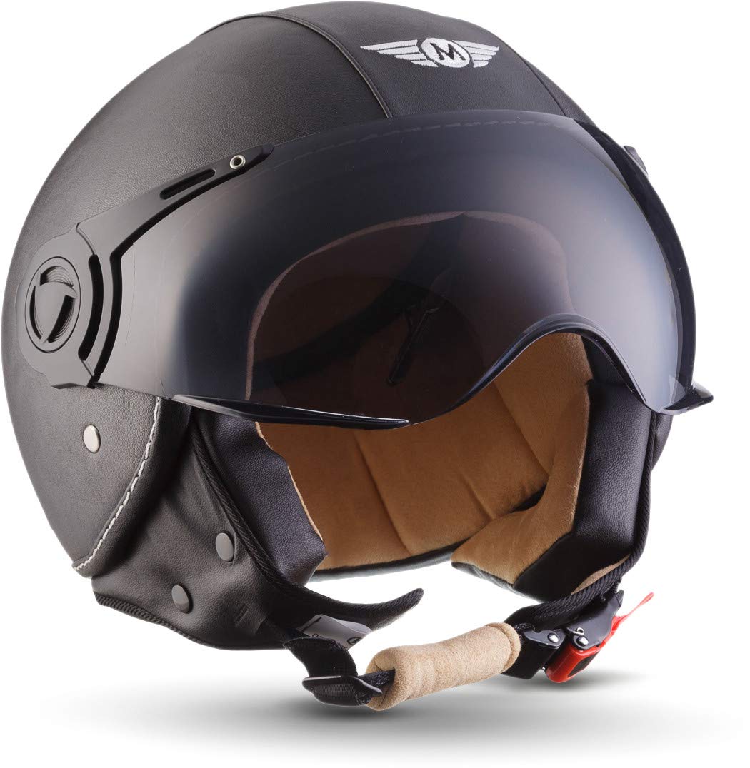 Moto Helmets® H44 „Leather Black“ · Jet-Helm · Motorrad-Helm Roller-Helm Scooter-Helm Bobber Mofa-Helm Chopper Retro Cruiser Vintage Pilot Biker · ECE Visier Schnellverschluss Tasche XS (53-54cm) von Moto Helmets