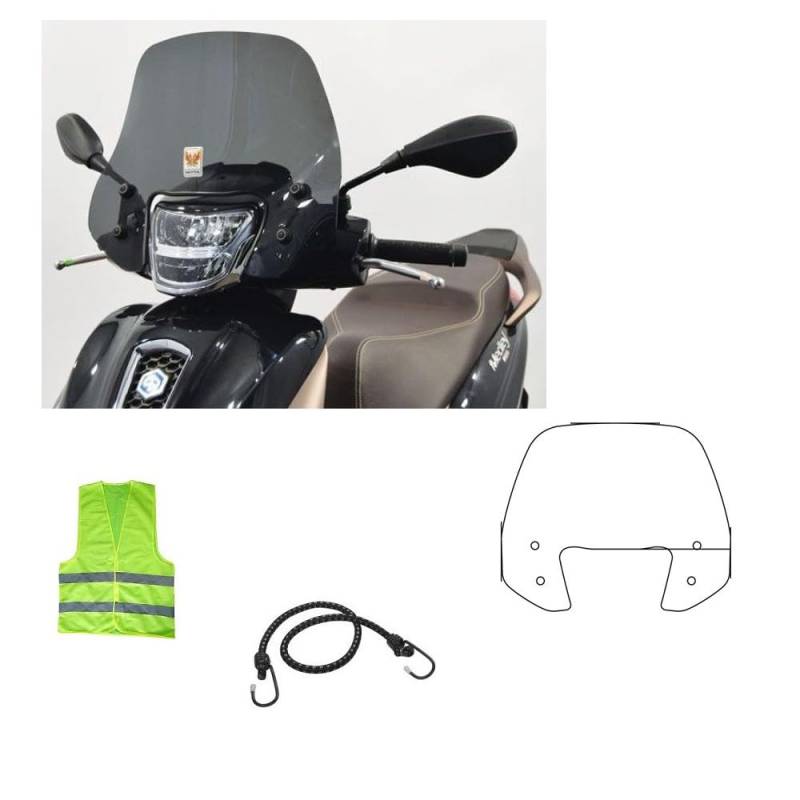 Kompatibel mit Piaggio Medley 125i Jahr 2021 Windschutzscheibe Isotta SC4190 für Scooter Spoiler Niedriger Luftstrom PLEXIGLASS Dunkel Rauchgrau Montageset A/767 445 x 365 x 3 mm von MOTO SPORT MONDO